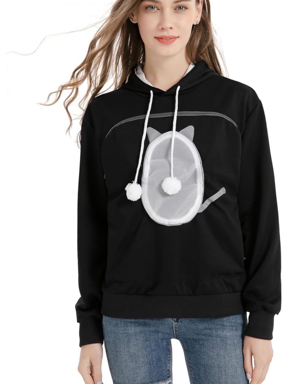 Black Cat Hoodie with Mesh Pocket for Cats